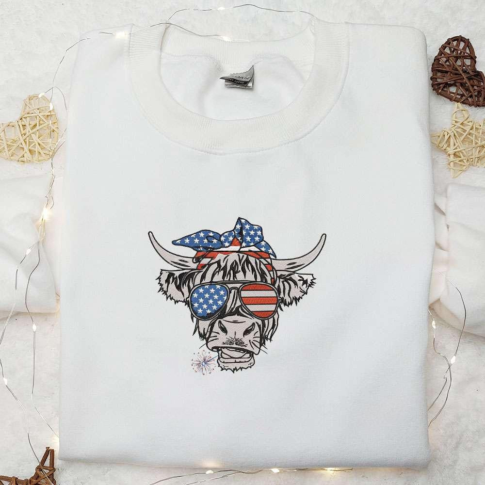 4th of July Patriotic Cow with USA Flag Sunglasses Embroidered Shirt Best Patriotic Shirts National Day Gifts