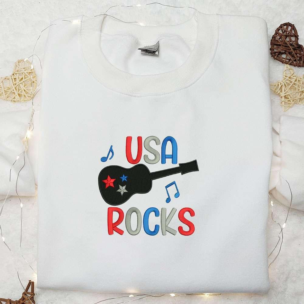 4th of July USA Guitar Rocks Embroidered Shirt Best Patriotic Shirts National Day Gifts