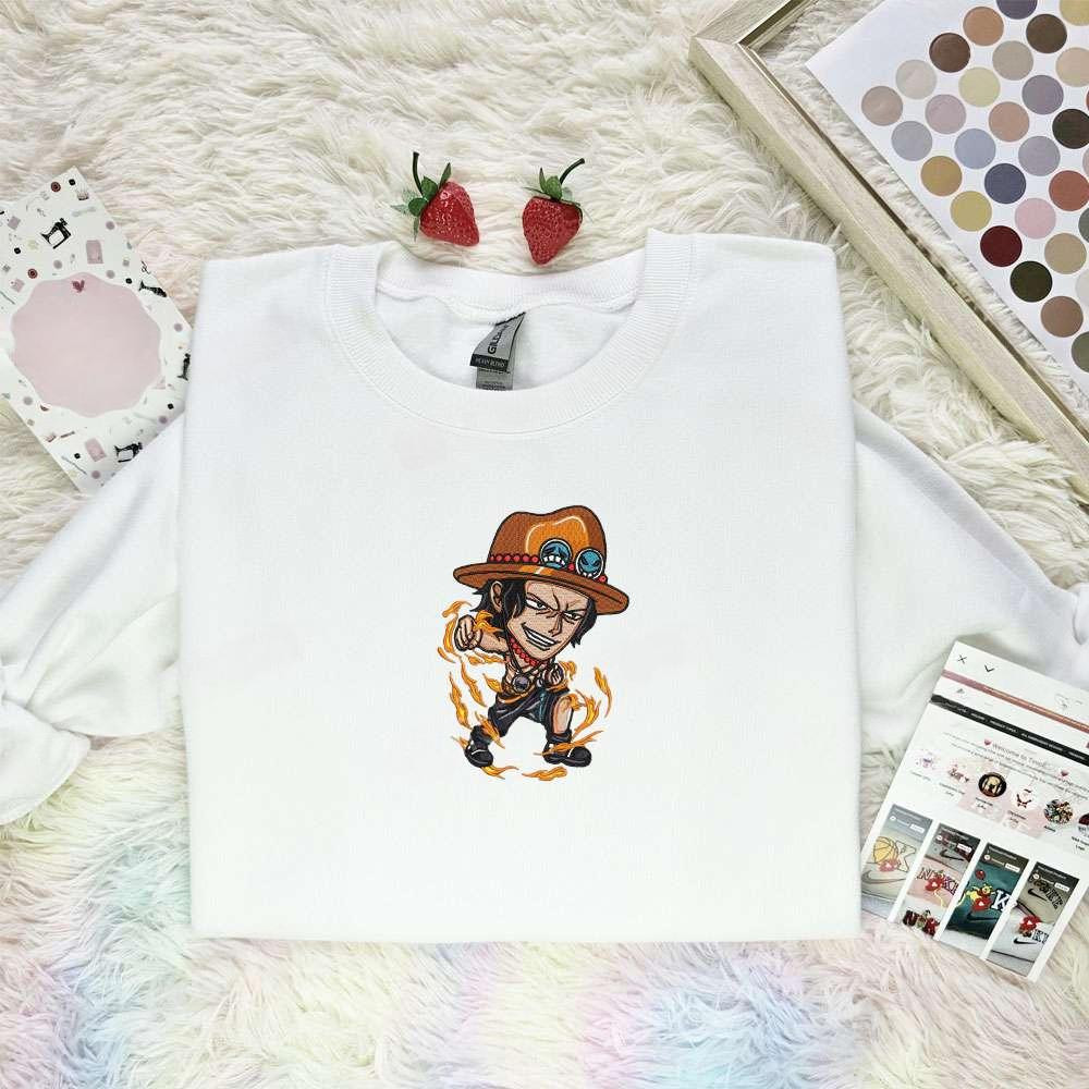 Ace Chibi One Piece Anime Embroidered Shirt , Anime Embroidered T-shirt Sweatshirt Hoodie, Inspired Anime Movie, Best Gift for Anime Fans