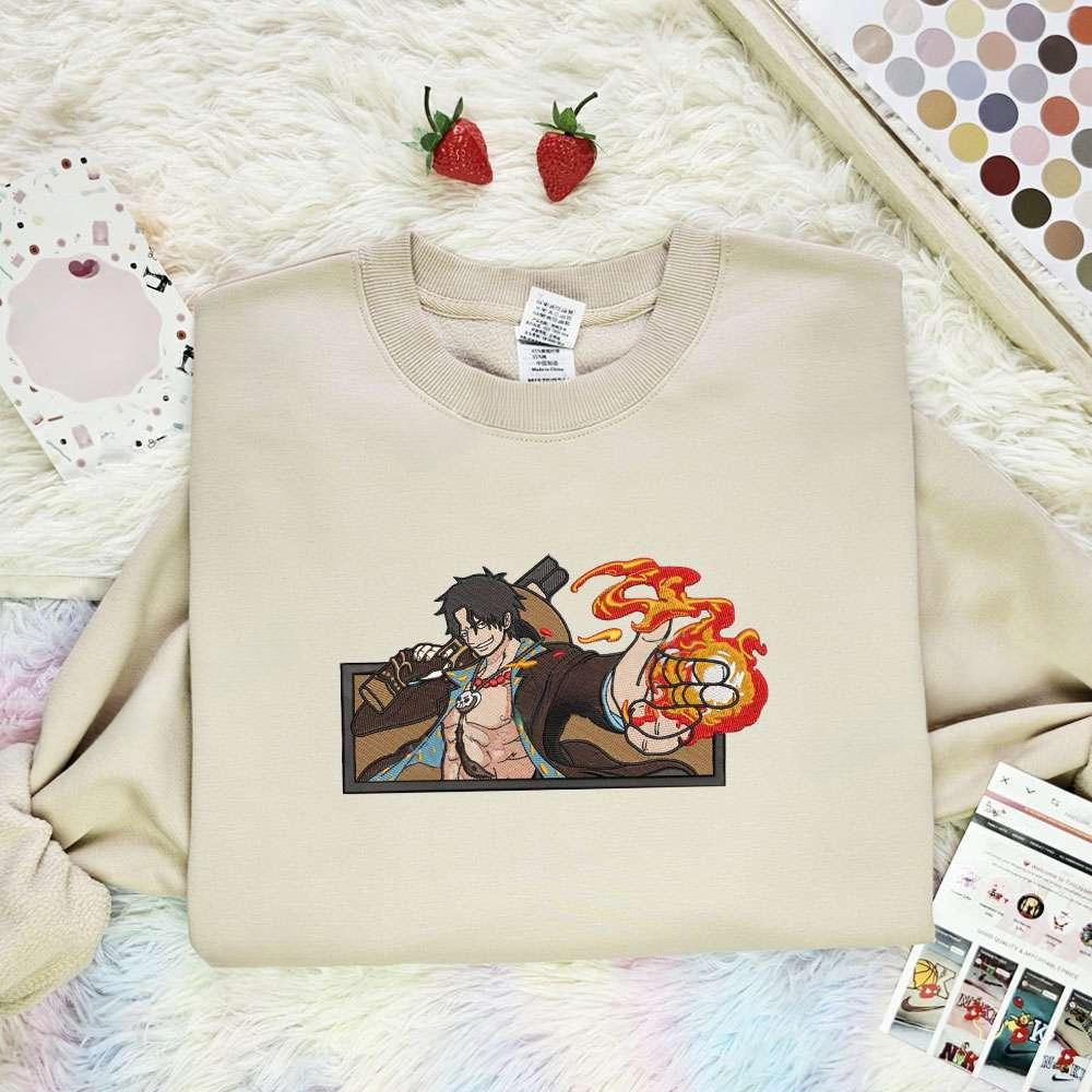 Ace Fire Fingers One Piece Anime Embroidered Shirt , Anime Embroidered T-shirt Sweatshirt Hoodie, Inspired Anime Movie, Best Gift for Anime Fans