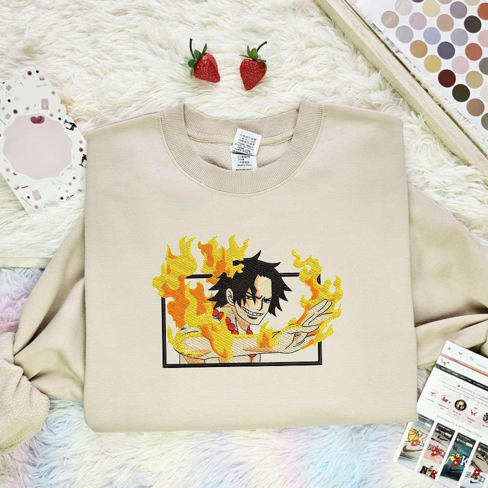 Ace Fire One Piece Anime Embroidered Shirt , Anime Embroidered T-shirt Sweatshirt Hoodie, Inspired Anime Movie, Best Gift for Anime Fans