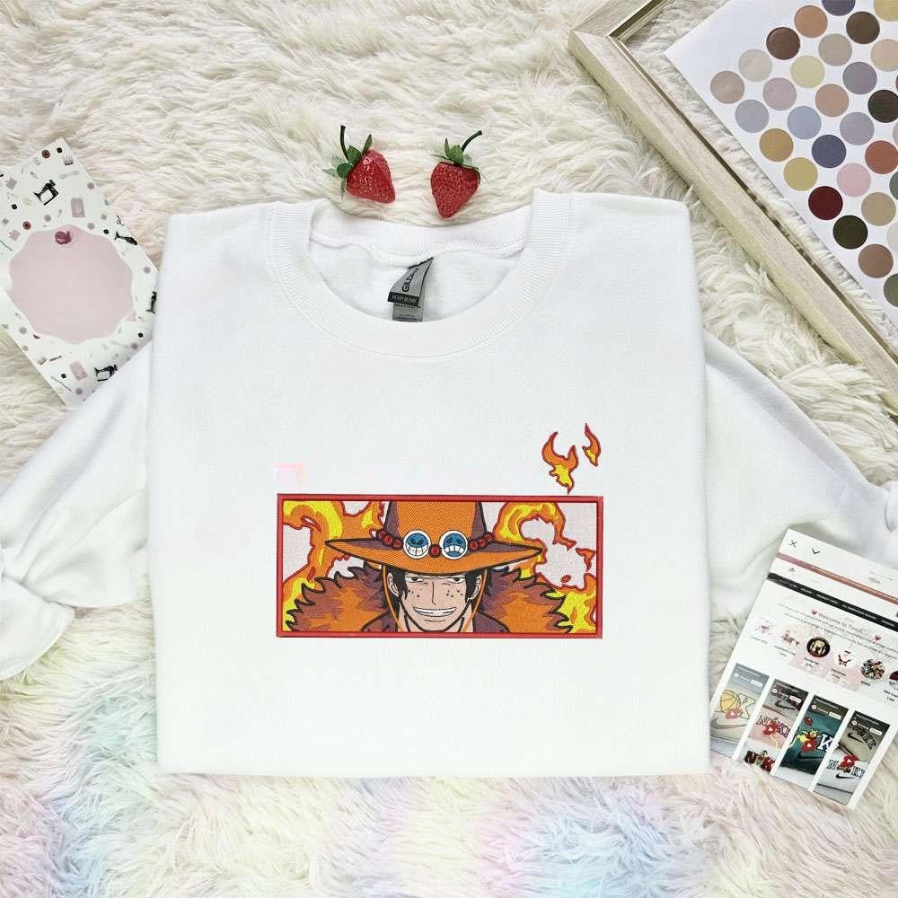Ace On Fire One Piece Anime Embroidered Shirt , Anime Embroidered T-shirt Sweatshirt Hoodie, Inspired Anime Movie, Best Gift for Anime Fans