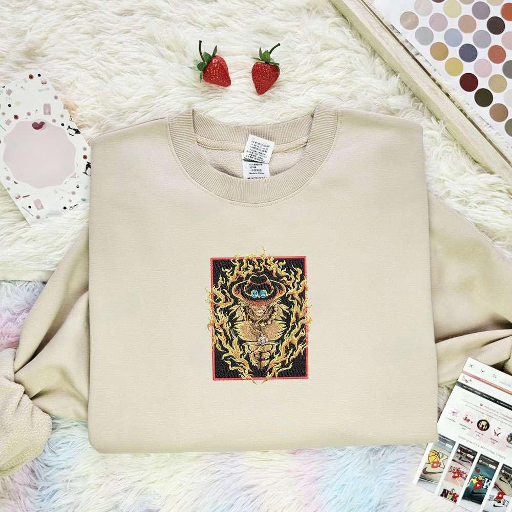 Ace On Fire One Piece Anime Embroidered Shirt , Anime Embroidered T-shirt Sweatshirt Hoodie, Inspired Anime Movie, Best Gift for Anime Fans