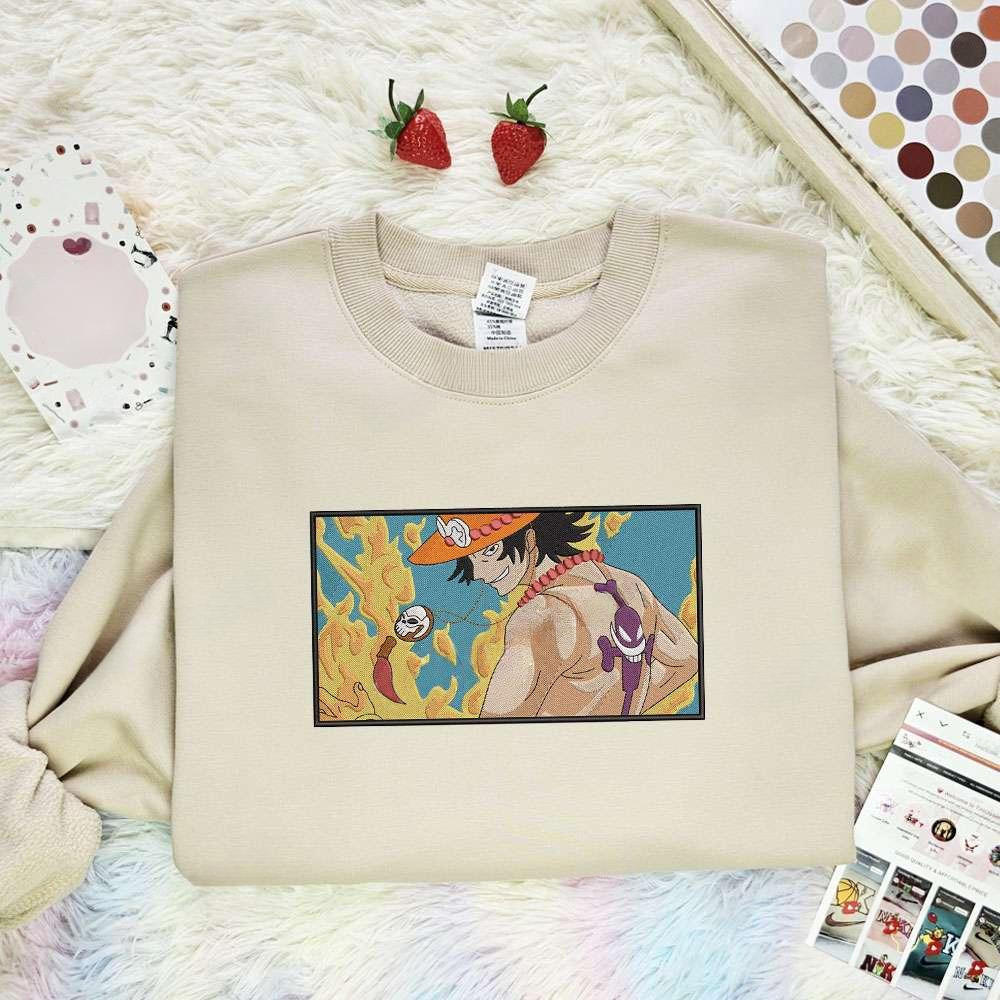 Ace One Fire One Piece Anime Embroidered Shirt , Anime Embroidered T-shirt Sweatshirt Hoodie, Inspired Anime Movie, Best Gift for Anime Fans