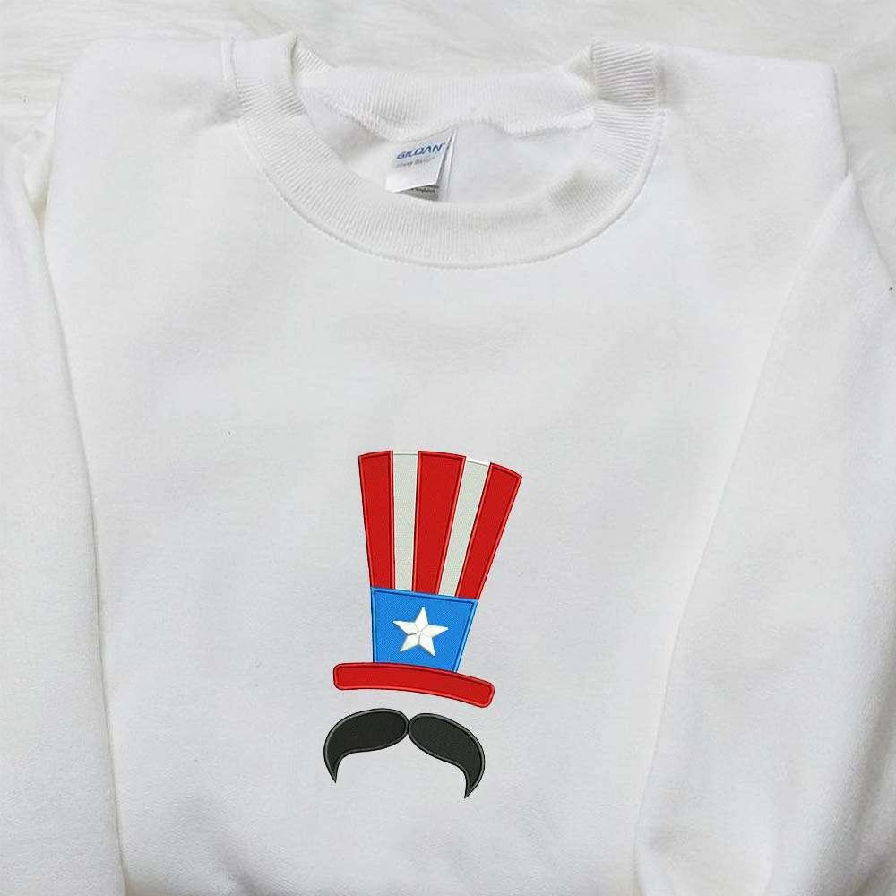 America Hat and Mustache Embroidered Shirt Best Patriotic Shirts National Day Gifts