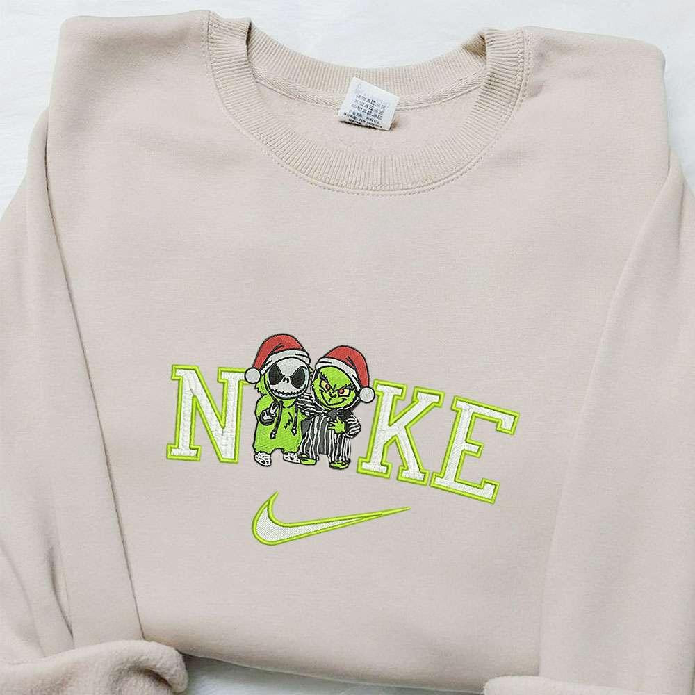 Baby Grinch and Jack x Nike Christmas Embroidered Sweatshirt Movie Christmas Embroidered Shirt Best Christmas Gift Ideas