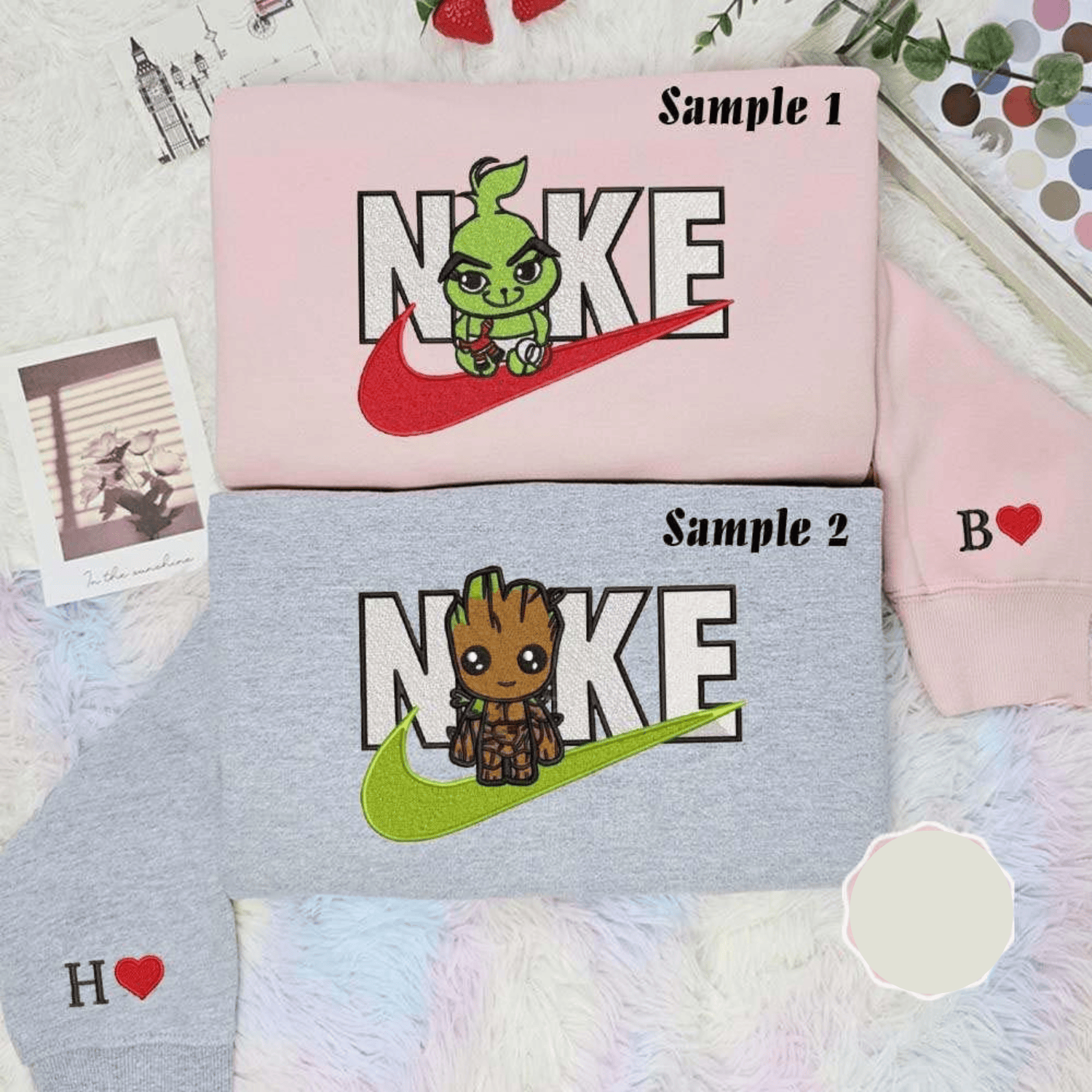Baby Groot And Baby Grinch Embroidered Couples Shirts