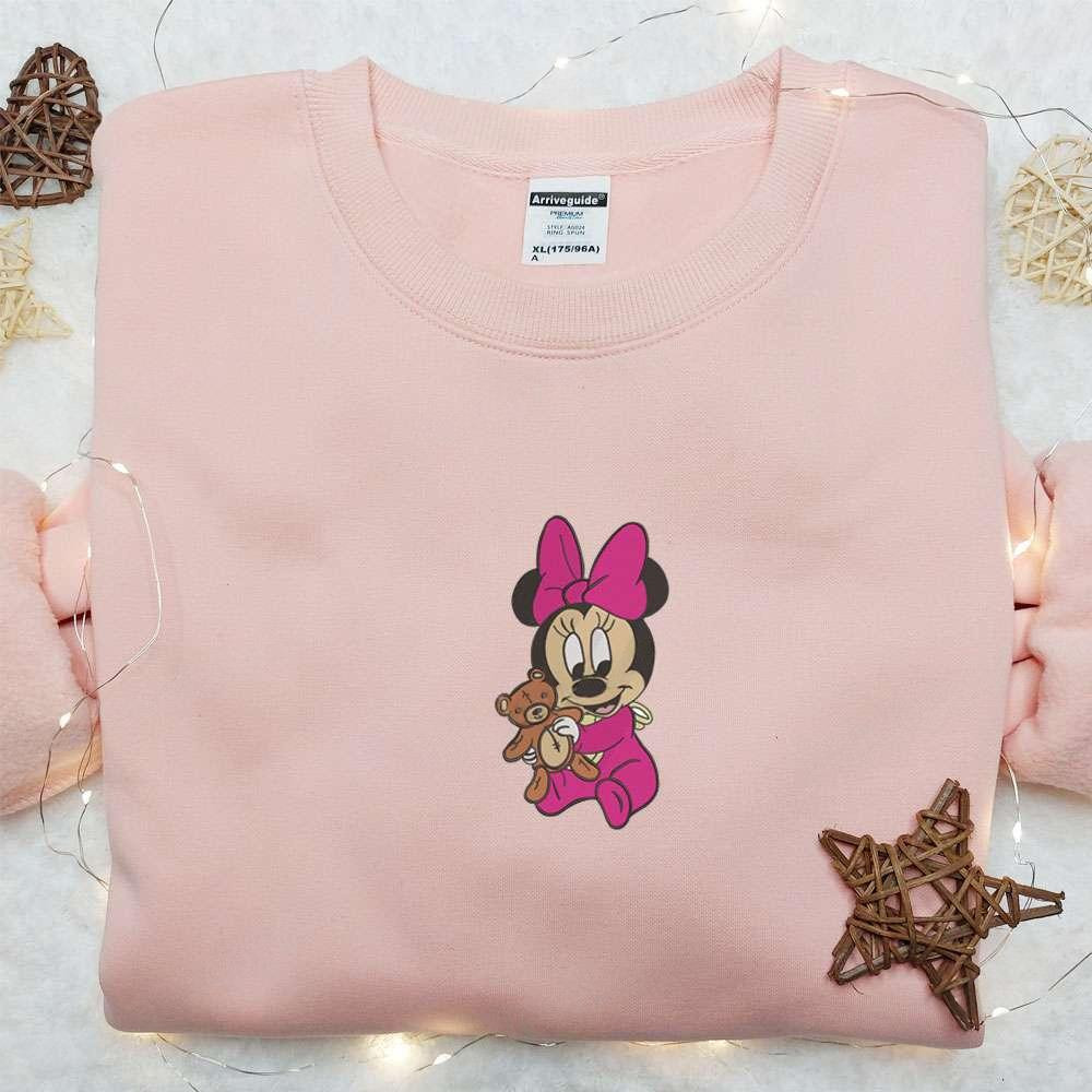 Baby Minnie Mouse With Teddy Bear Embroidered Shirt Disney Characters Embroidered Hoodie Best Gift Idea