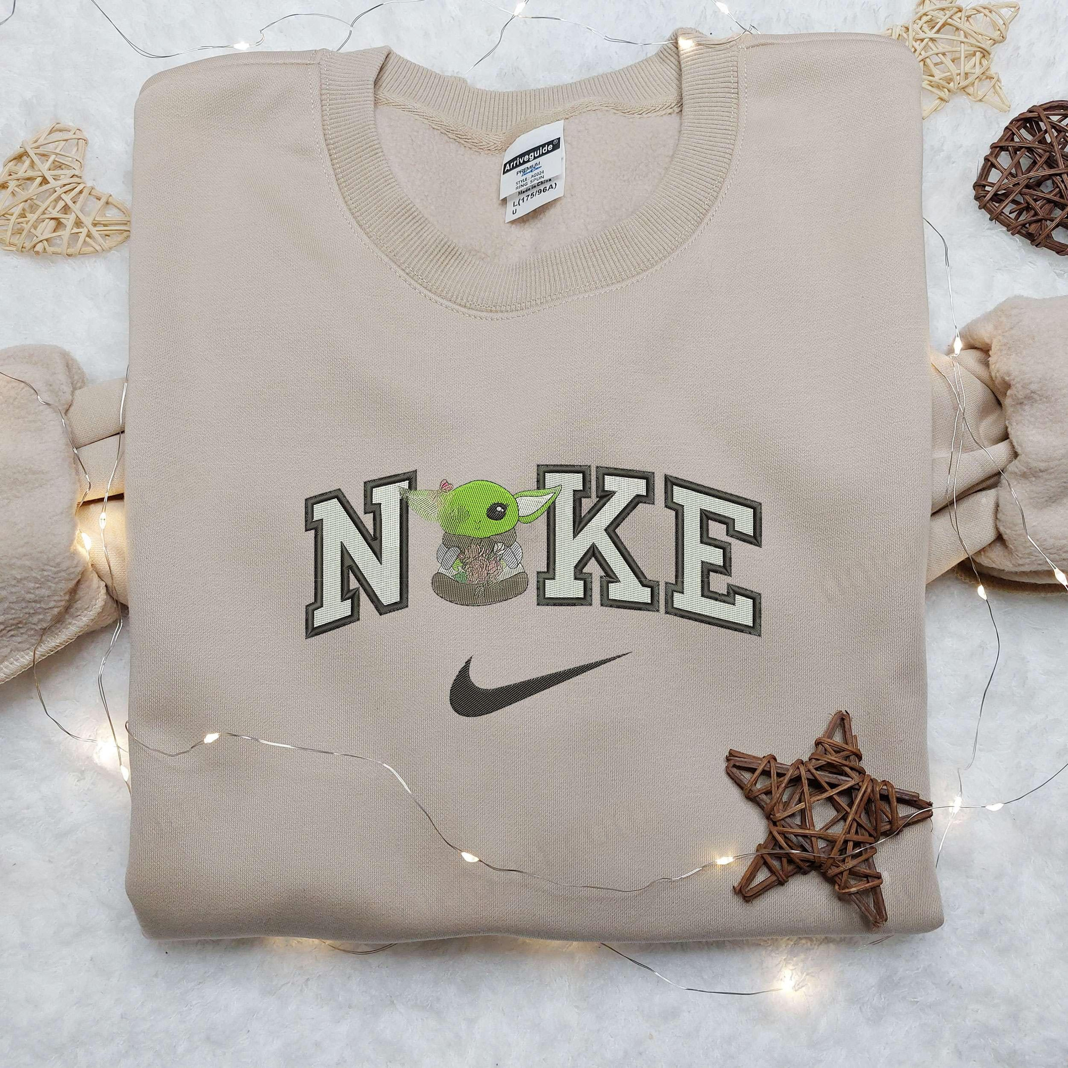 Baby Yoda Flower Nike Embroidered Shirt, Nike Embroidered Shirt, Movie Cartoon Star War Embroidered Shirt