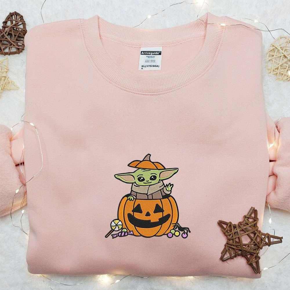 Baby Yoda Pumpkin Candy Embroidered Sweatshirt Movie Embroidered Hoodie Halloween Embroidered Shirt