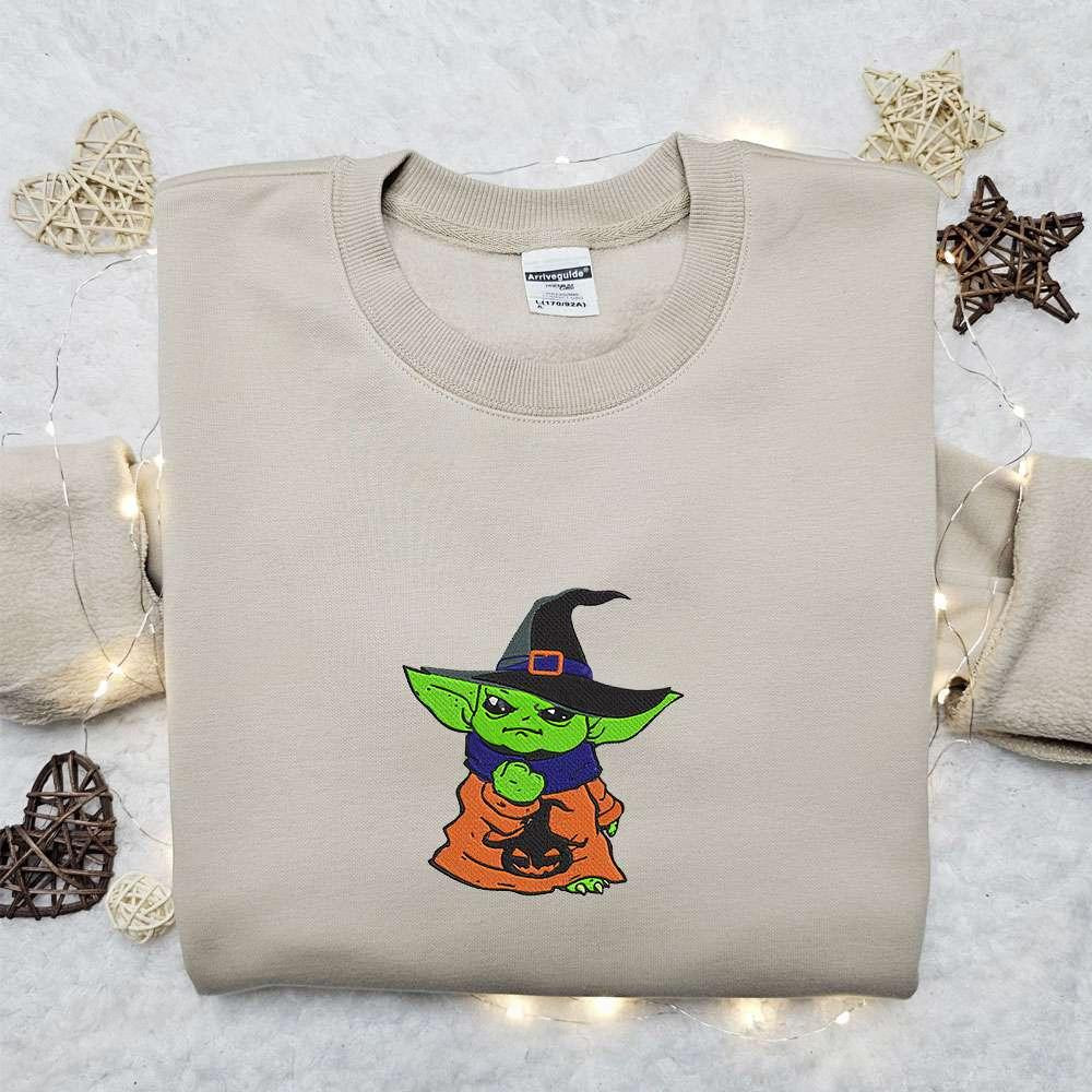 Baby Yoda Witch Embroidered Sweatshirt Movie Embroidered Hoodie Halloween Embroidered Shirt