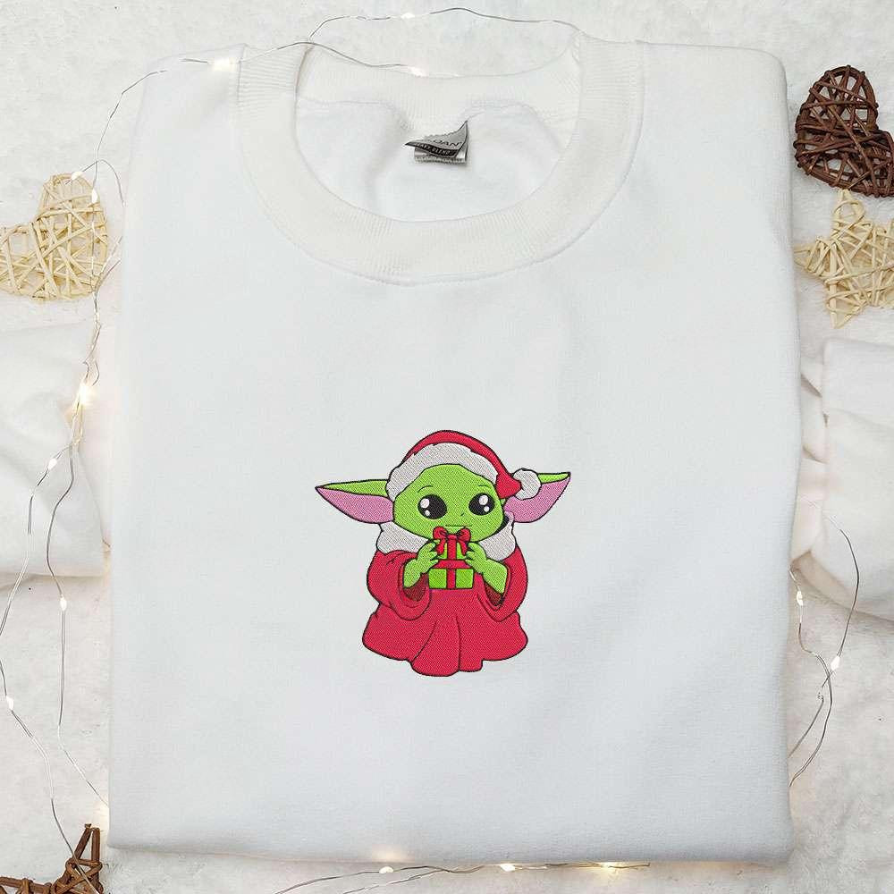 Baby Yoda With Christmas Gift Embroidered Shirt Christmas Embroidered Hoodie Best Gifts For Family