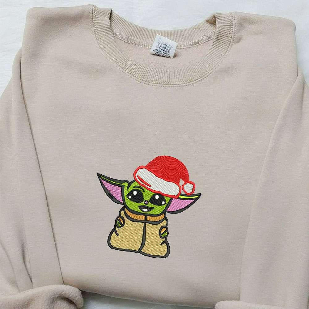 Baby Yoda With Christmas Hat Embroidered Shirt Christmas Embroidered Hoodie Best Gifts For Family