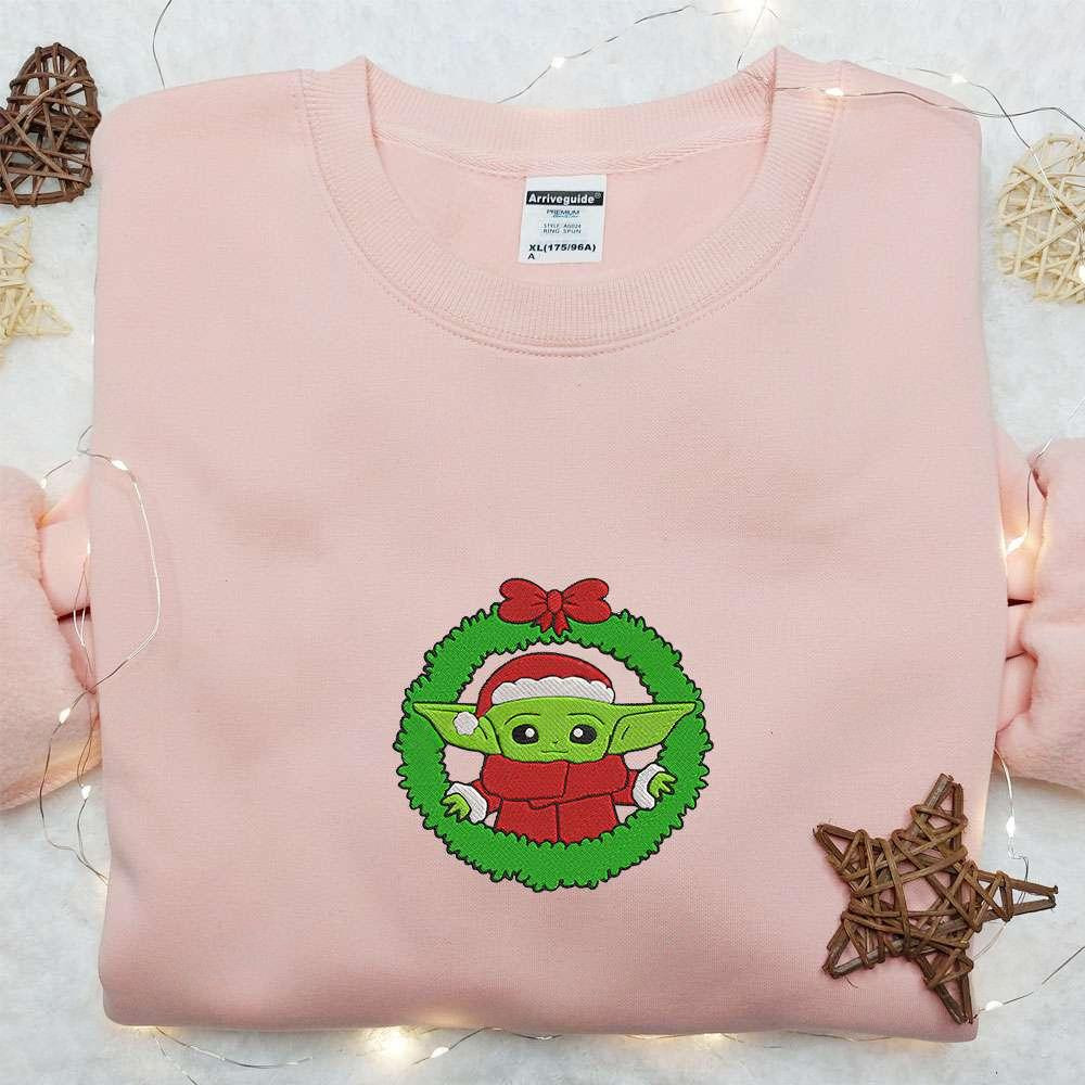 Baby Yoda With Christmas Wreath Embroidered Shirt Christmas Embroidered Hoodie Best Gifts For Family