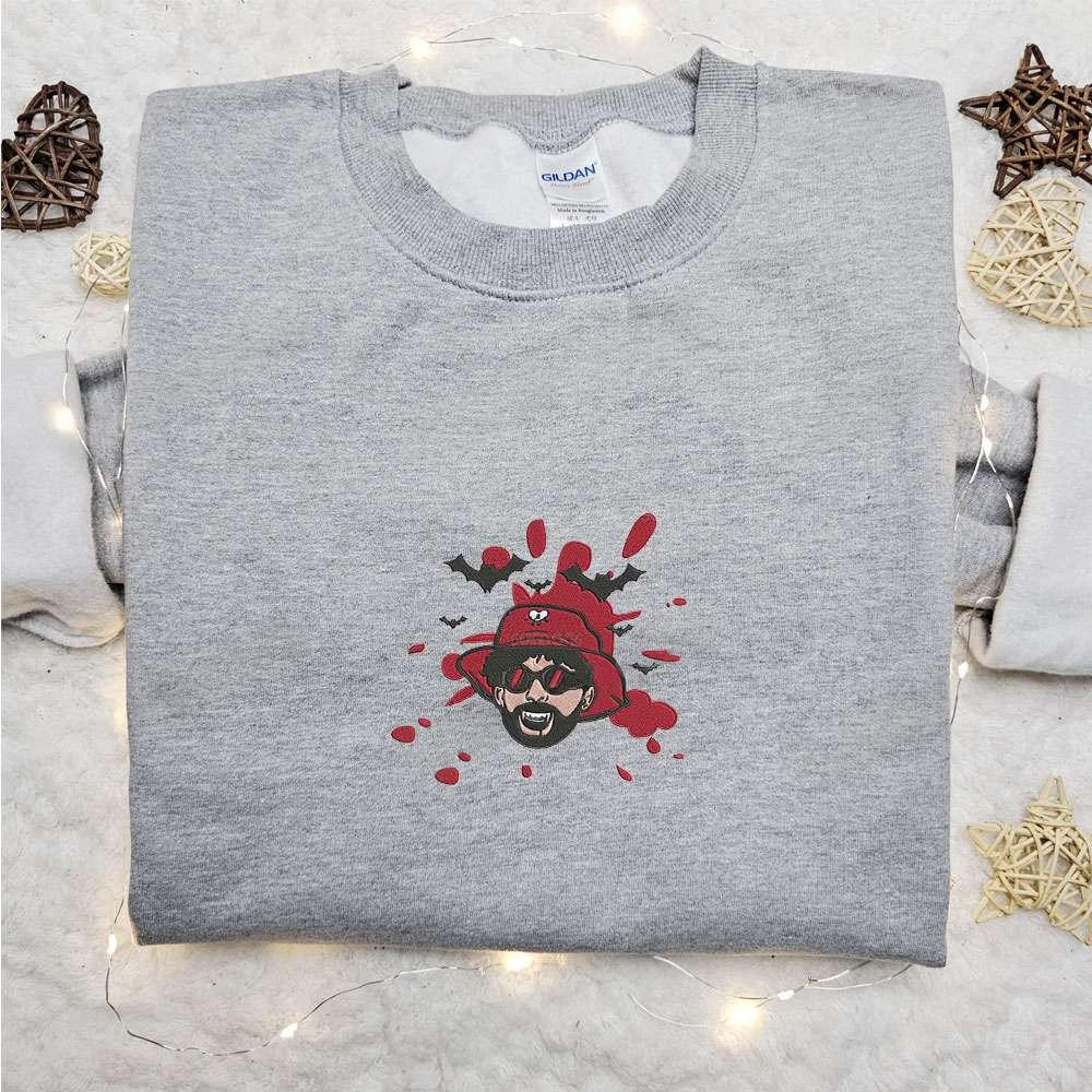 Bad Bunny Bloody Bats Embroidered Sweatshirt Celebrity Embroidered Hoodie Halloween Embroidered Shirt