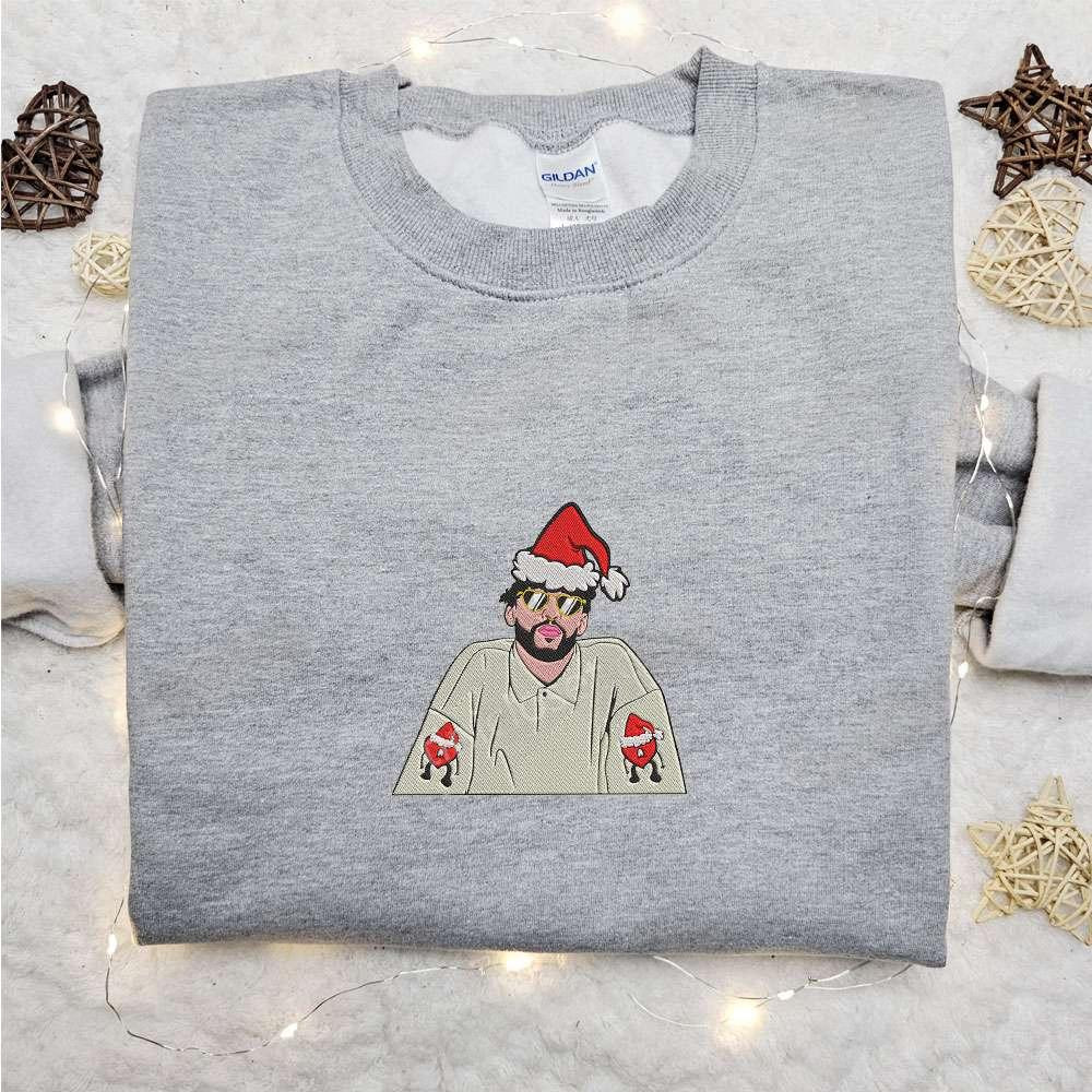 Bad Bunny Christmas Hat Embroidered Shirt Celebrity Embroidered Hoodie Christmas Embroidered Shirt