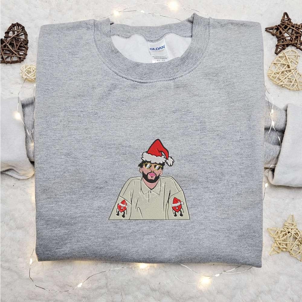 Bad Bunny Christmas Hat Embroidered Shirt Celebrity Embroidered Hoodie Christmas Embroidered Shirt
