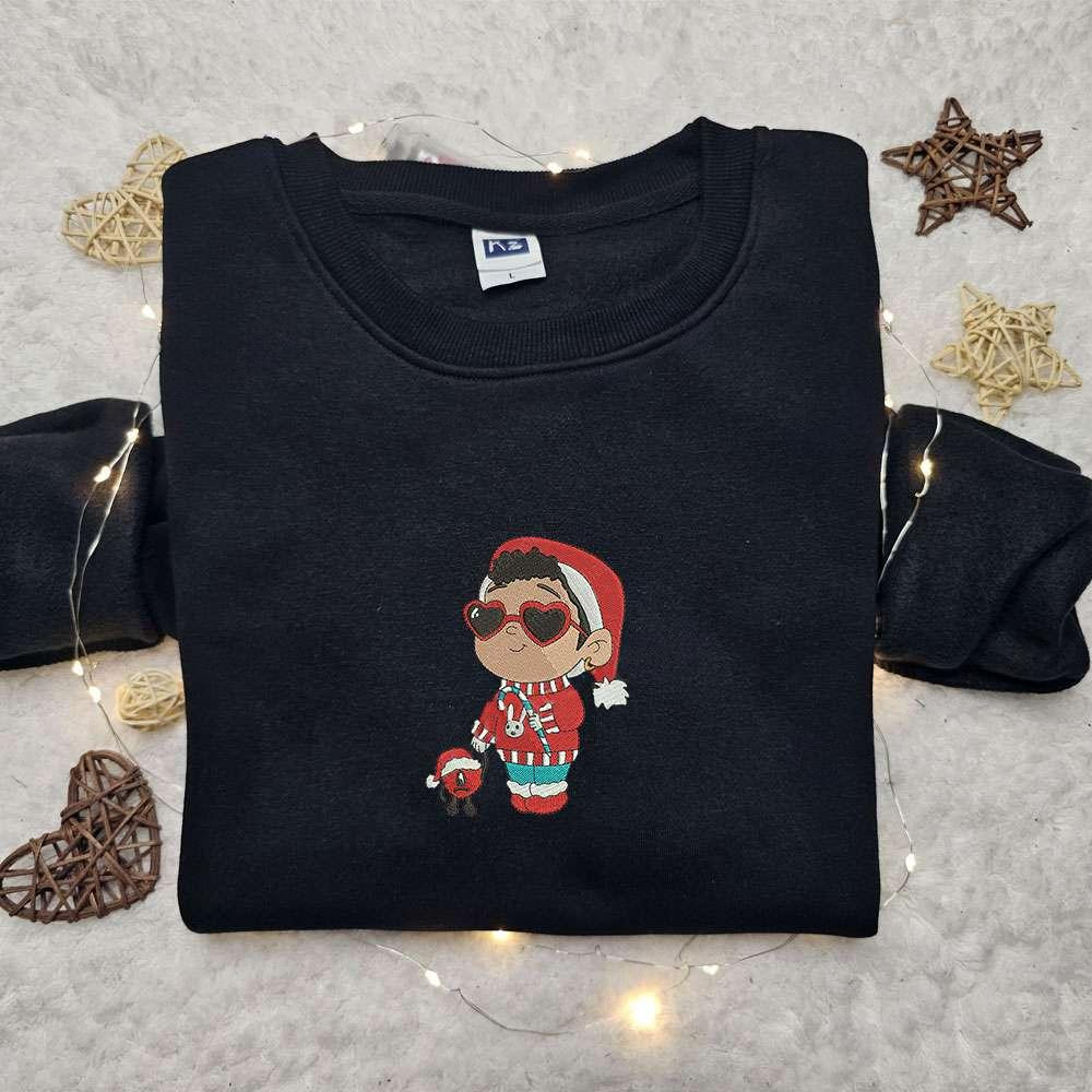 Bad Bunny Xmas Embroidered Shirt Celebrity Embroidered Hoodie Christmas Embroidered Shirt