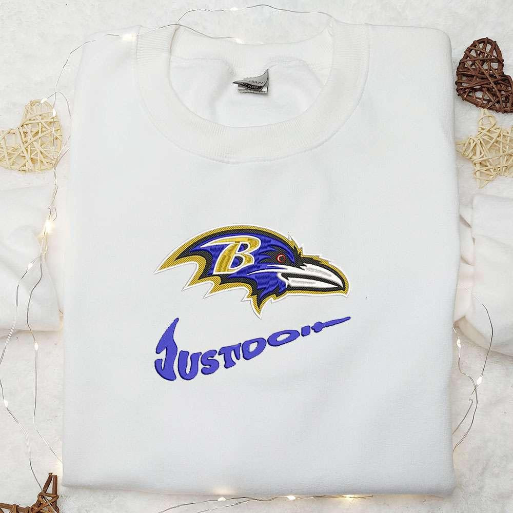 Baltimore Ravens Just Do It x Nike Swoosh Embroidered Shirt NFL Sports Embroidered Hoodie Best Gift Idea