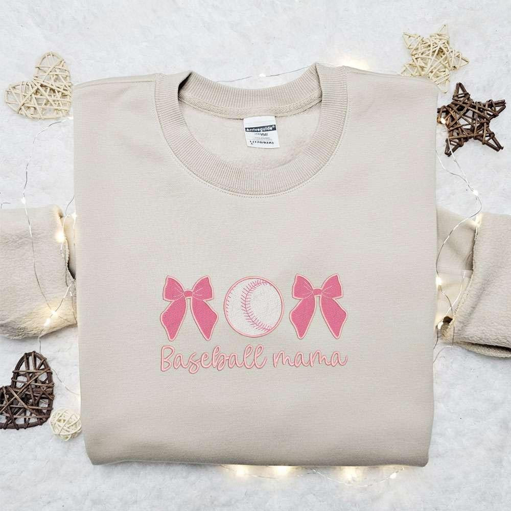 Baseball Mama Pink Bows Embroidered Shirt Sports Embroidered Hoodie Best Mothers Day Gift Idea