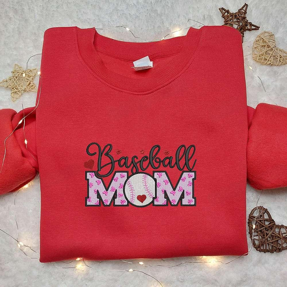 Baseball Mom Bows Hearts Embroidered Shirt Sports Embroidered Hoodie Best Mothers Day Gift Idea