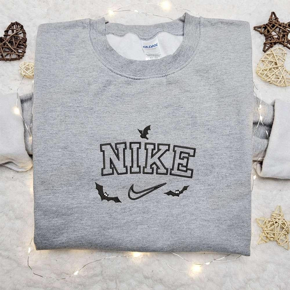 Bats x Nike Swoosh Embroidered Shirt Halloween Embroidered Hoodie Nike Inspired Embroidered Sweatshirt