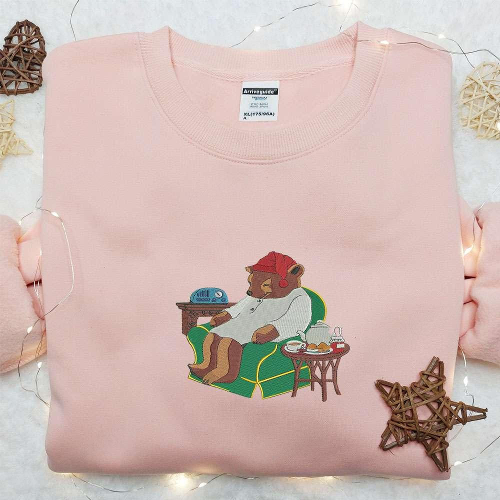 Bear Xmas Embroidered Shirt Animal Embroidered Hoodie Christmas Embroidered Shirt