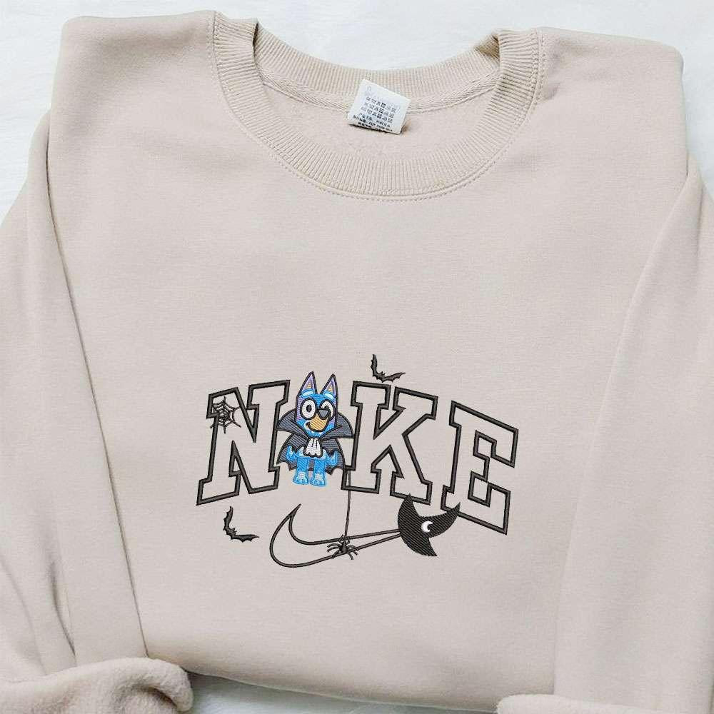 Bingo Dracula With Bats x Nike Embroidered Shirt Bluey Cartoon Embroidered Hoodie Halloween Embroidered Sweatshirt