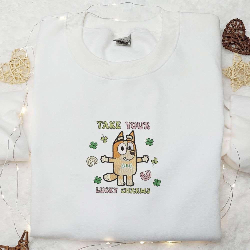 Bingo Take Your Lucky Charm Embroidered Shirt Bluey Cartoon Embroidered Hoodie Saint Patricks Day Gift Ideas