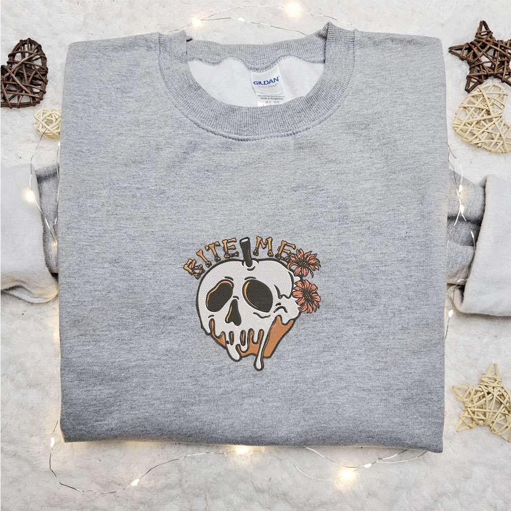 Bite Me Apple Skull Embroidered Sweatshirt Halloween Embroidered Hoodie Best Gifts For Family