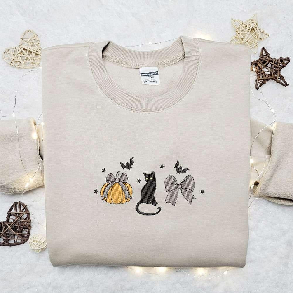 Black Cat Pumpkin Coquette Halloween Embroidered Shirt Best Gifts For Family