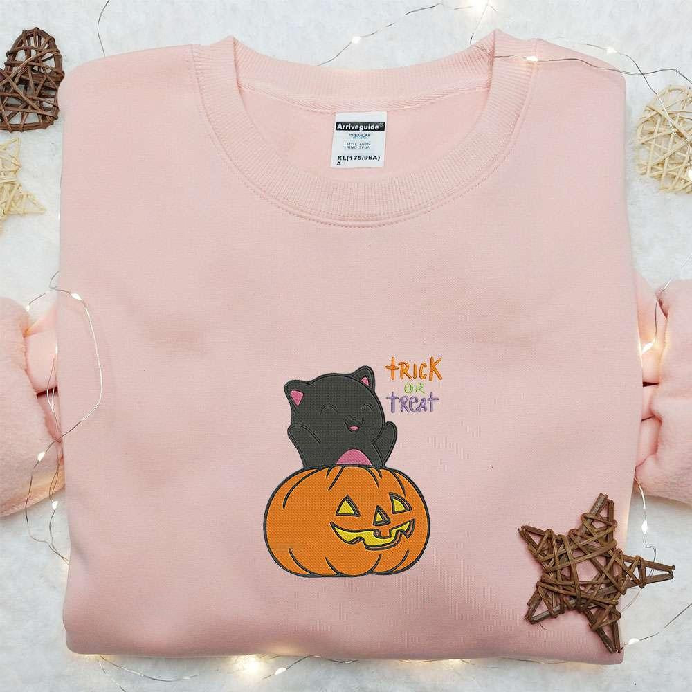 Black Cat Pumpkin Trick Or Treat Embroidered Sweatshirt Cute Halloween Embroidered Hoodie Best Gifts For Family