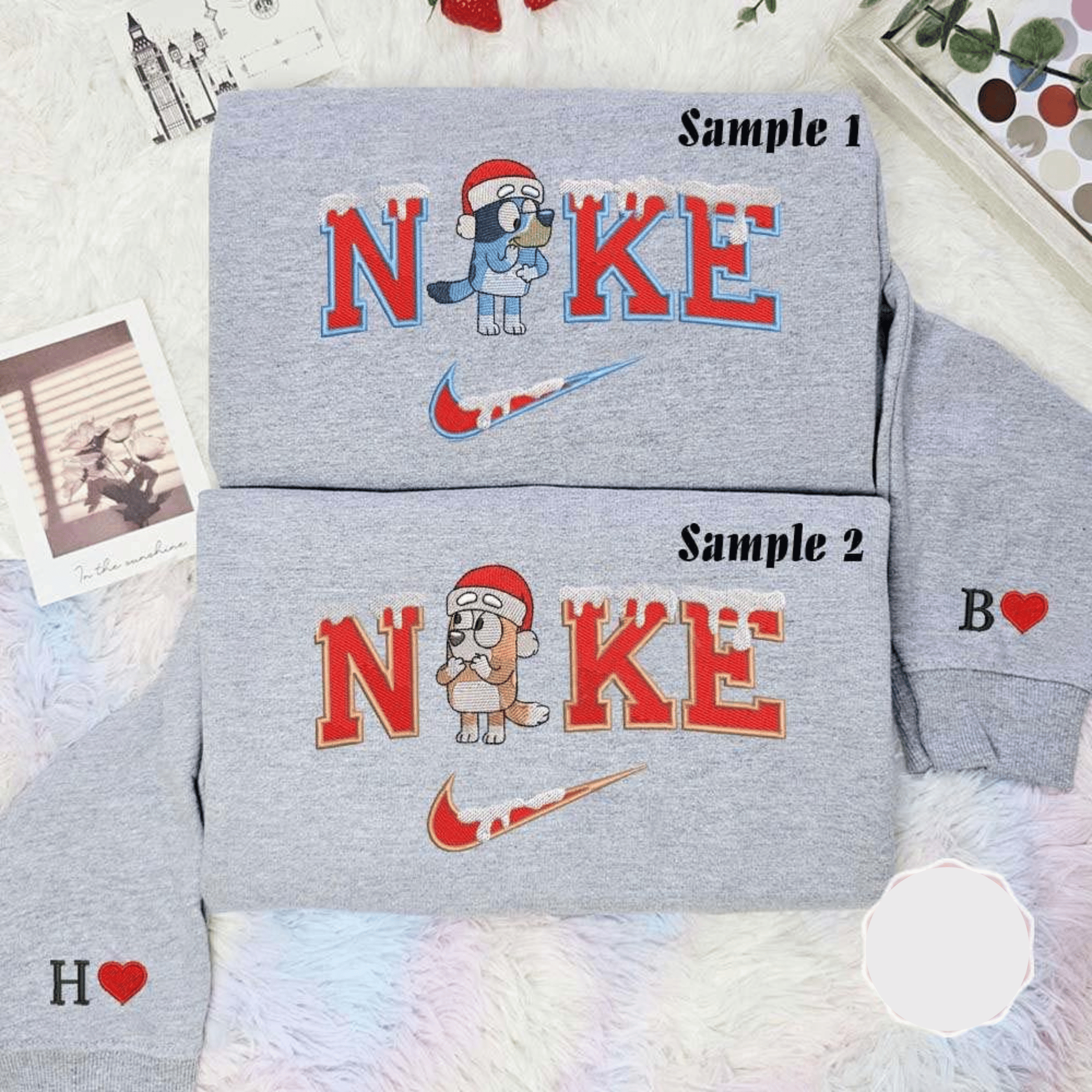 Bluey And Bingo Christmas Embroidered Couples Shirts