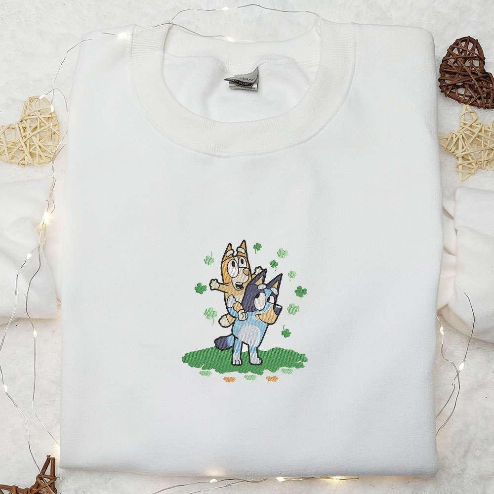 Bluey And Bingo Shamrock Embroidered Shirt Saint Patricks Day Embroidered Hoodie Best Holiday Gift Ideas