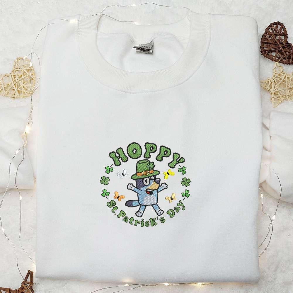 Bluey Hoppy Saint Patricks Day Embroidered Shirt Cartoon Embroidered Hoodie Best Holiday Gift Ideas