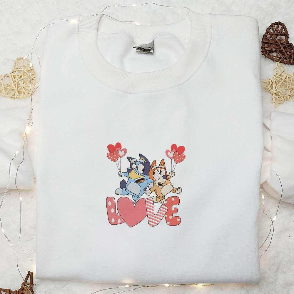 Bluey Love Heart Balloons Embroidered Shirt Cartoon Embroidered Hoodie Best Valentines Day Gifts 1