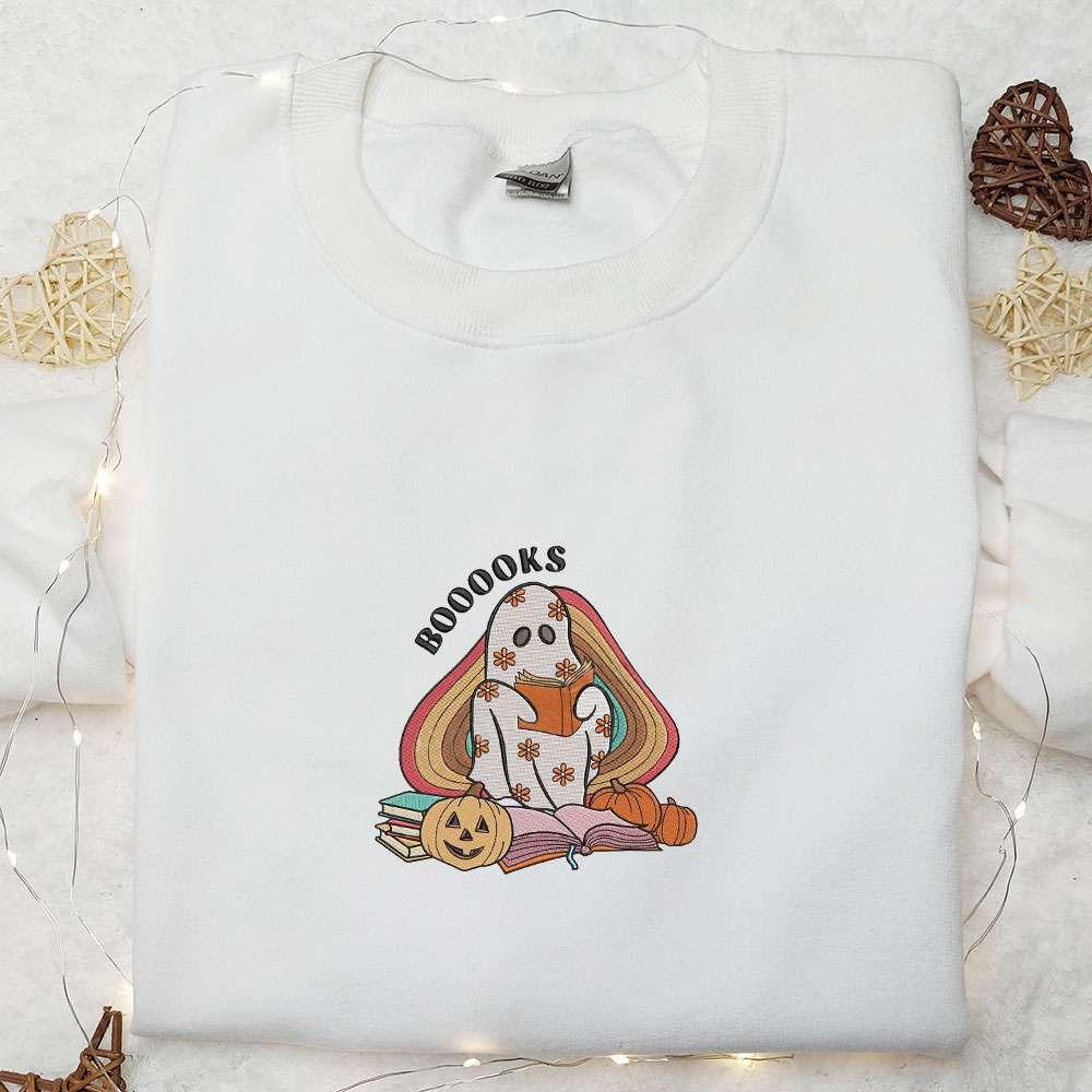 Boo Ghost Reading Booooks Embroidered Shirt Halloween Embroidered Shirt Best Halloween Gift Ideas