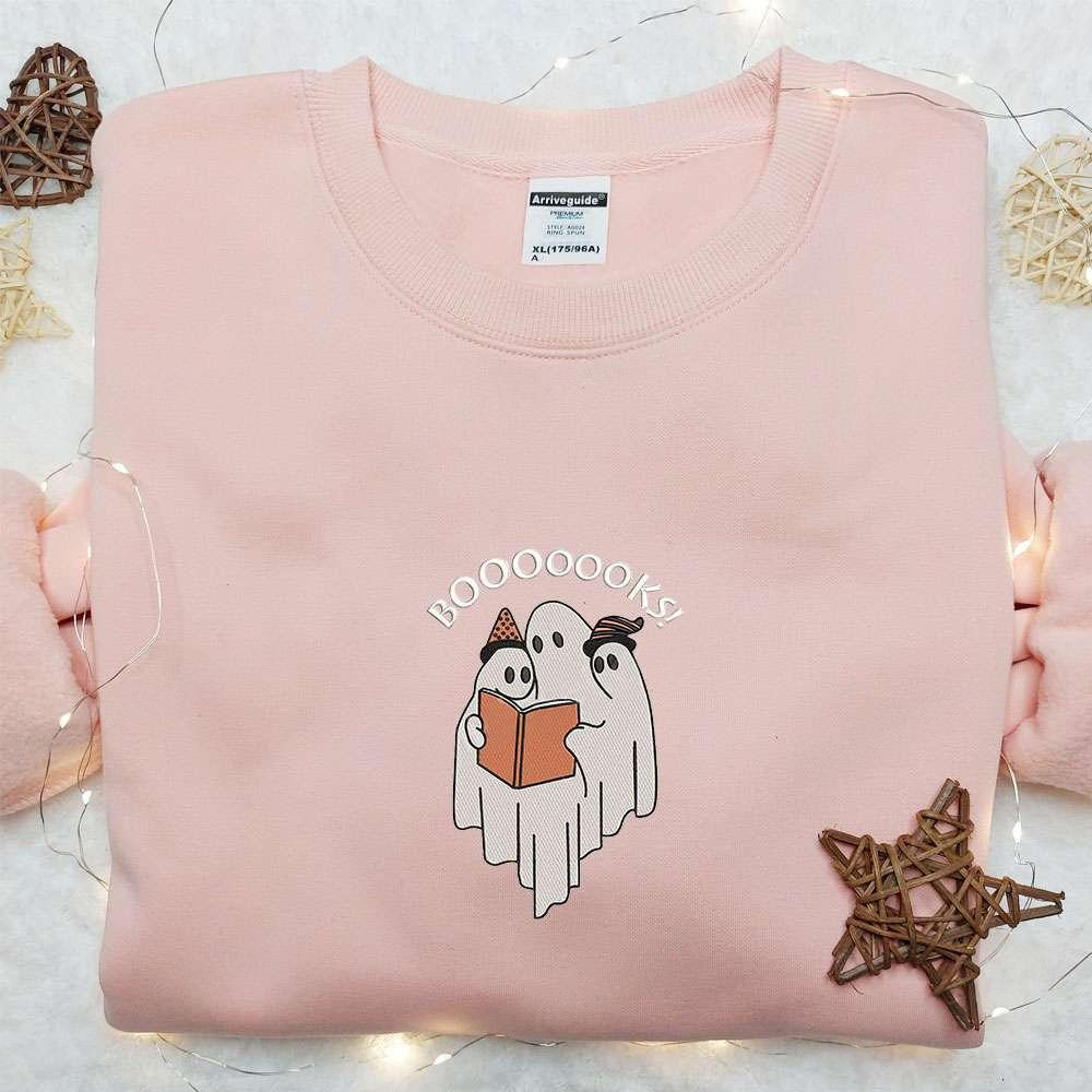 Booooks Cute Ghost Embroidered Shirt Halloween Embroidered Shirt Best Halloween Gifts for Family