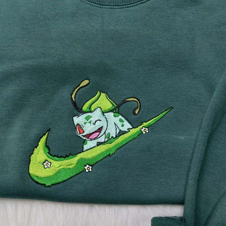 Bulbasaur Nike Embroidered Sweatshirt, Pokemon Embroidered Sweatshirt, Anime Custom Embroidered Shirt - Small Gifts Great Love