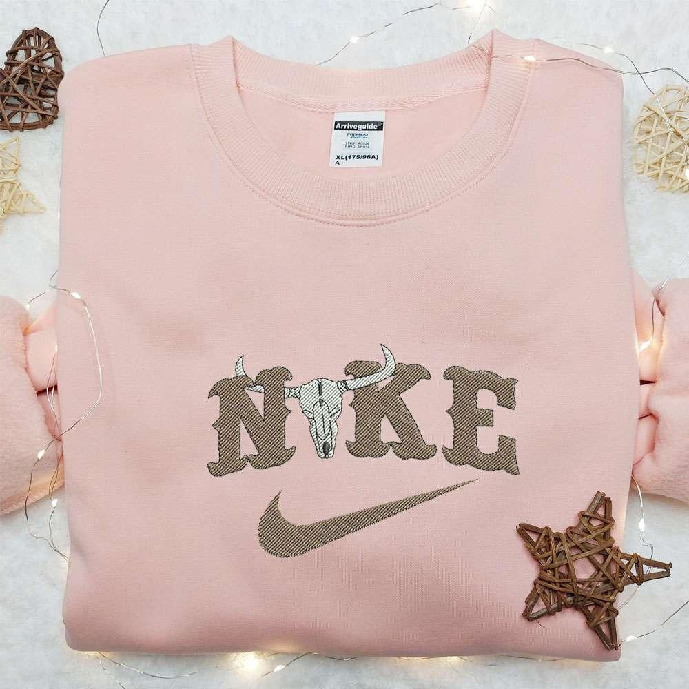 Bull Skull x Nike Swoosh Embroidered Shirt Nike Inspired Embroidered Hoodie Best Gifts For Family