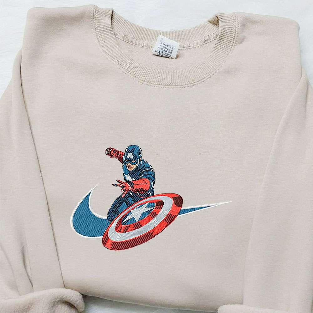 Captain America x Swoosh Embroidered Hoodie Marvel Cinematic Universe Embroidered Shirt Nike Inspired Embroidered Shirt