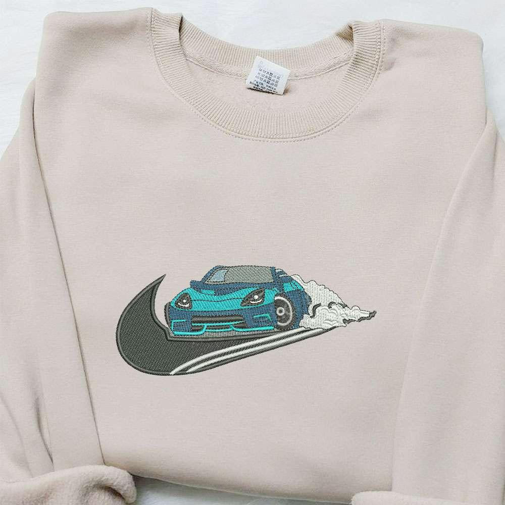 Car x Swoosh Embroidered Hoodie Transportation Embroidered Shirt Nike Inspired Embroidered Shirt