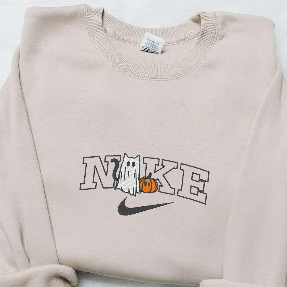 Cat Ghost With Pumpkin x Nike Embroidered Shirt Halloween Embroidered Hoodie Nike Inspired Embroidered Sweatshirt