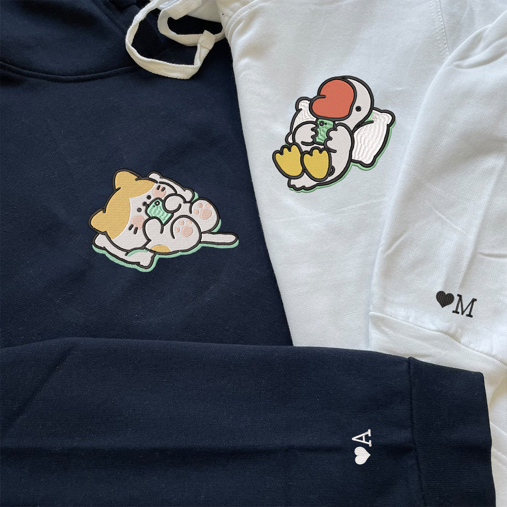 Cat x Cute Goose Custom Embroidered Matching Hoodies For Couples