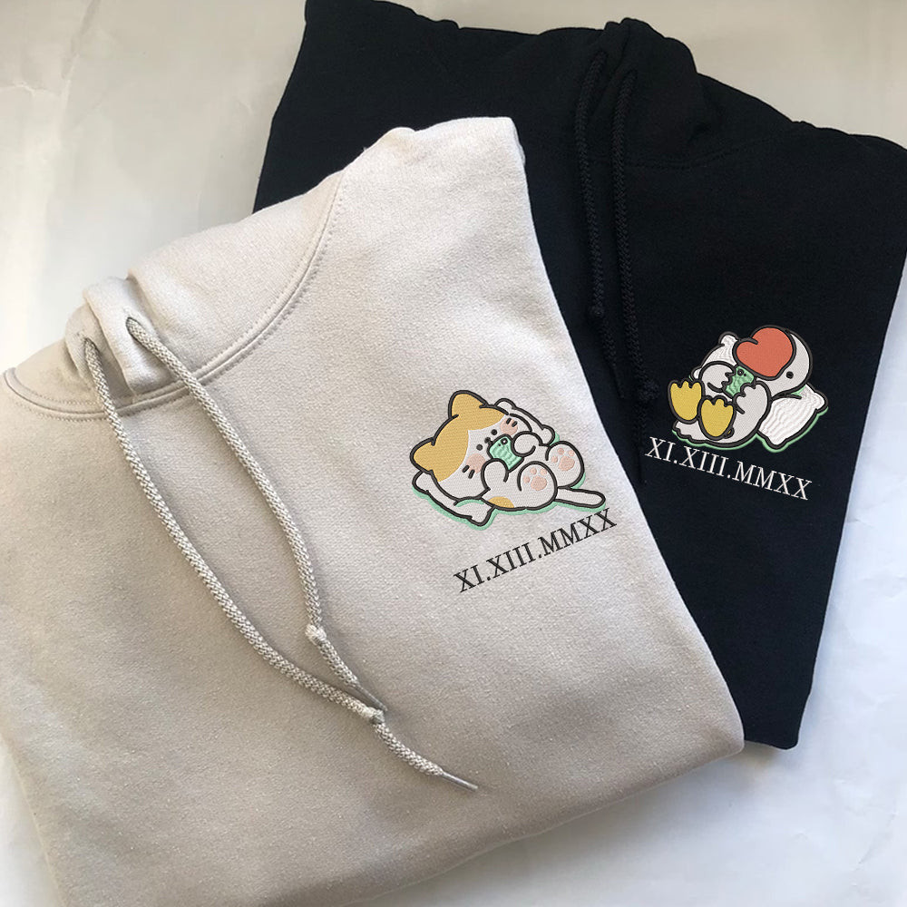 Cat x Cute Goose Custom Roman Numeral Matching Embroidered Hoodies For Couples