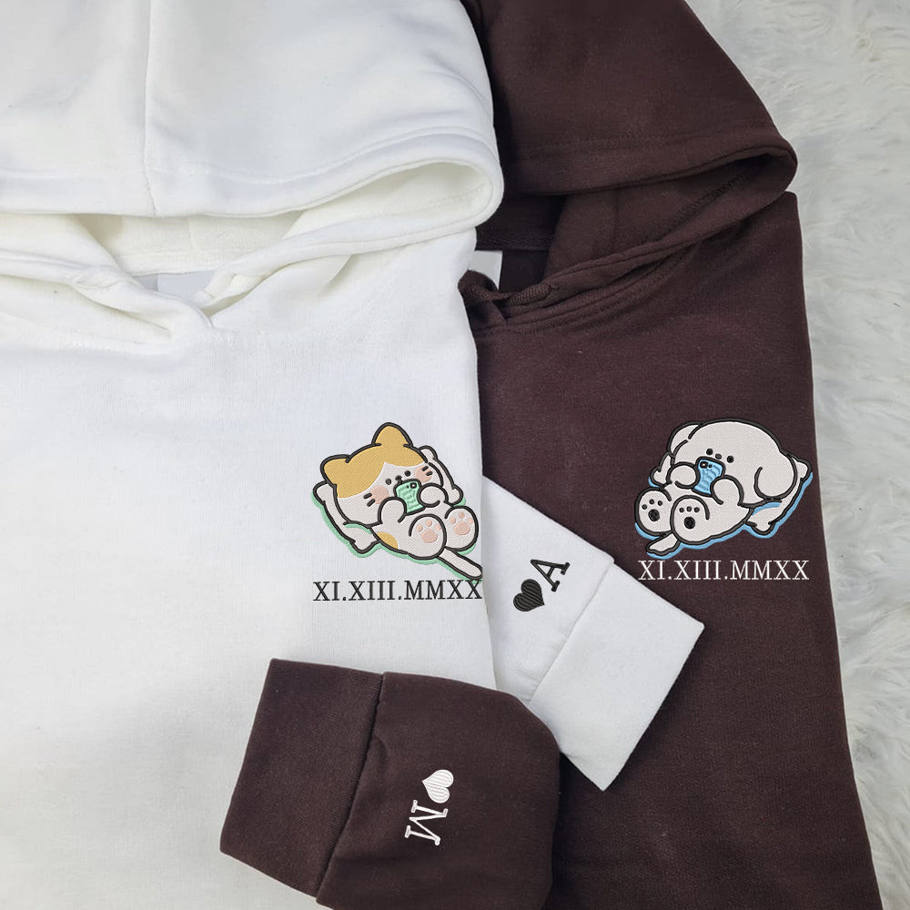 Cat x Dog Custom Roman Numeral Matching Embroidered Hoodies For Couples