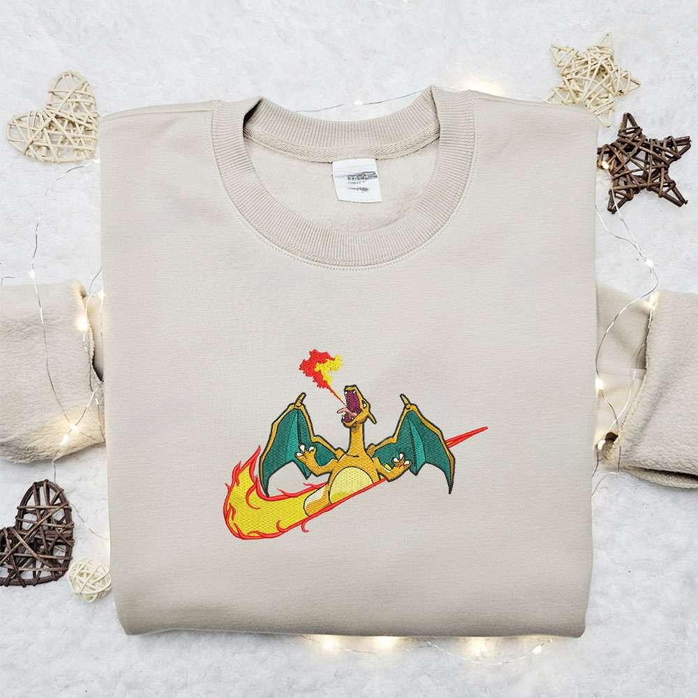 Charizard Fire X Nike Swoosh , Anime Embroidered T-shirt Sweatshirt Hoodie, Inspired Anime Movie, Best Gift for Anime Fans