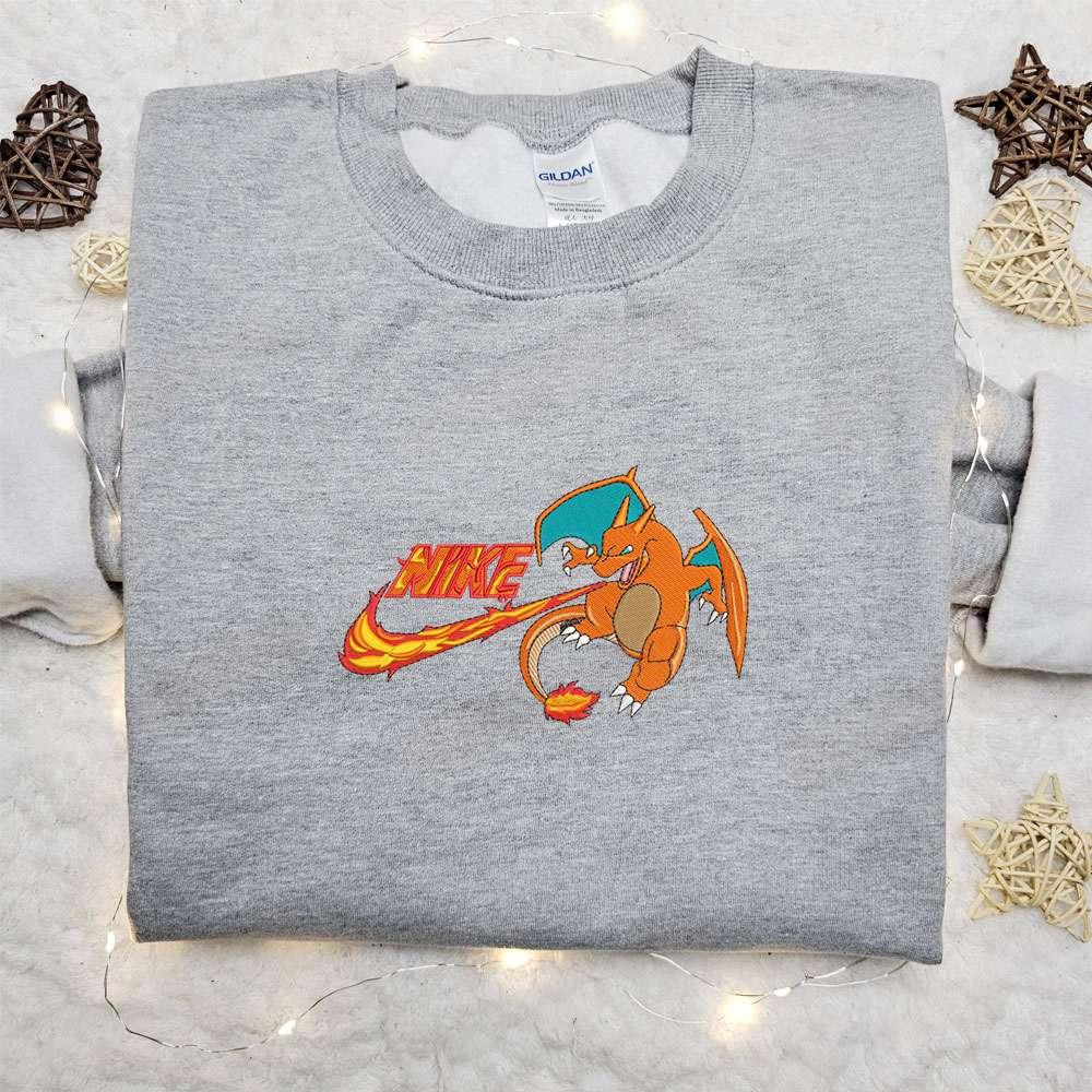 Charizard x Nike Anime Embroidered Hoodie Pokemon Embroidered Shirt Best Gift Ideas for Family