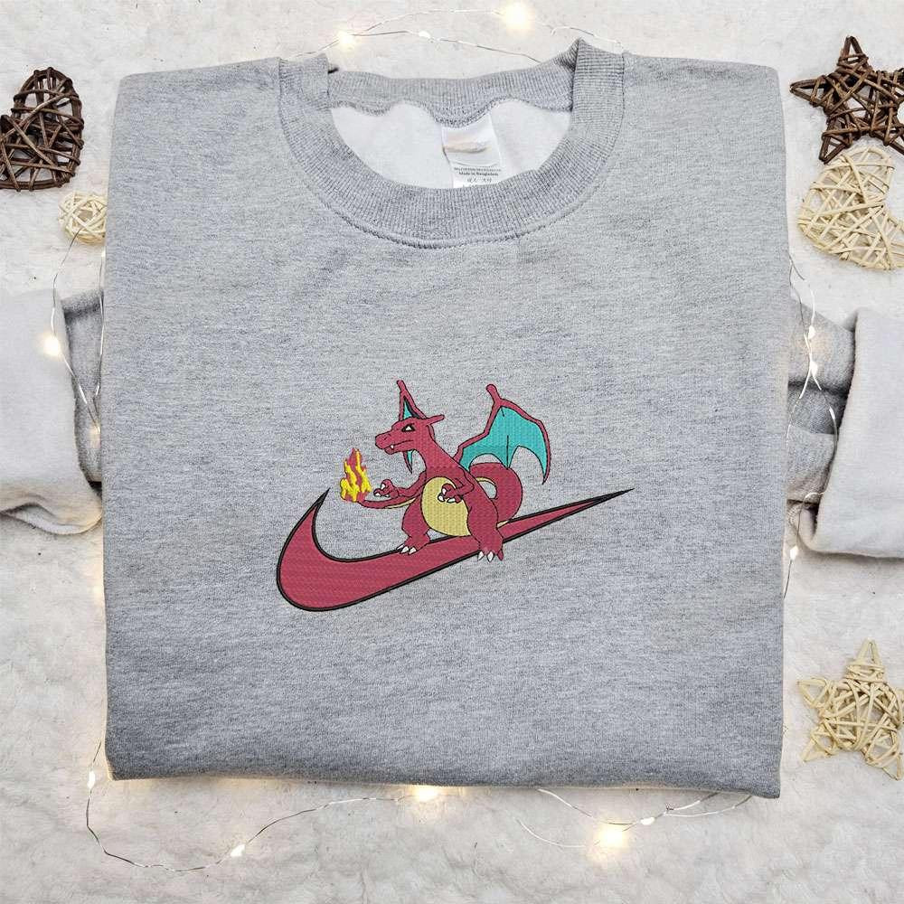 Charizard X Nike Swoosh Anime , Anime Embroidered T-shirt Sweatshirt Hoodie, Inspired Anime Movie, Best Gift for Anime Fans