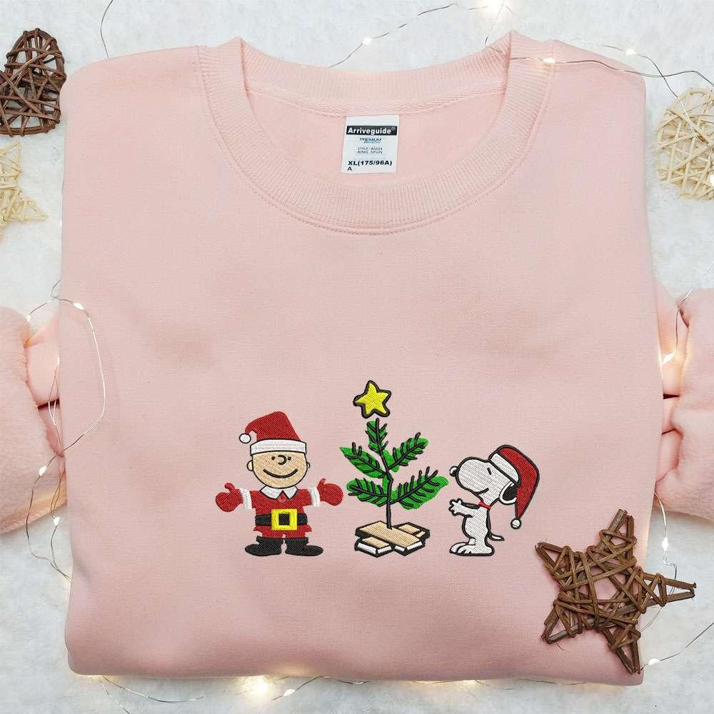 Charlie Brown And Snoopy With Christmas Tree Embroidered Shirt The Peanuts Cartoon Embroidered Hoodie Best Christmas Gifts For Family